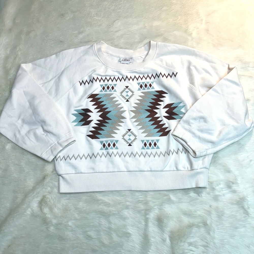 Ariat Sweatshirt Women Large White Southwestern Embroidered Cropped Western